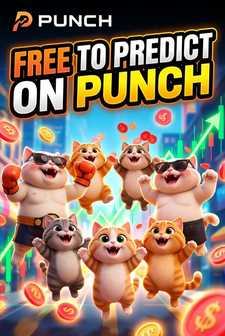 A promotional graphic for "PUNCH" features the bold tagline "FREE TO PREDICT ON PUNCH" above a group of cheerful cartoon cats—some wearing boxing gloves and sunglasses—celebrating amid flying coins and an upward-trending green chart, visually reinforcing the post's argument that prediction markets, like competitive gaming, should reward skill rather than financial advantage through a Free-to-Predict (F2P) model.