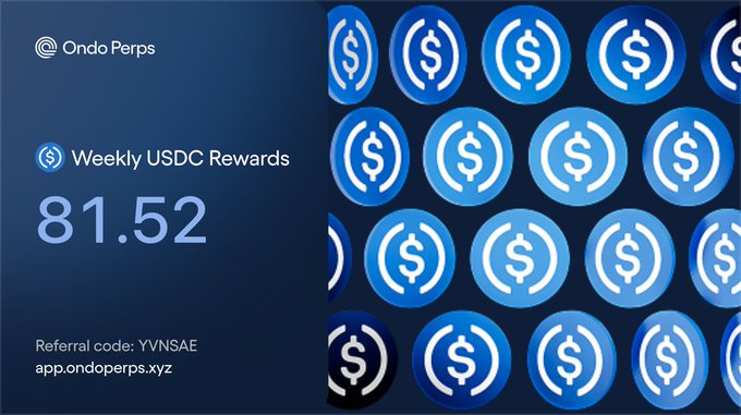 A promotional graphic for Ondo Perps showing "Weekly USDC Rewards" of 81.52, with referral code YVNSAE and app link app.ondoperps.xyz.