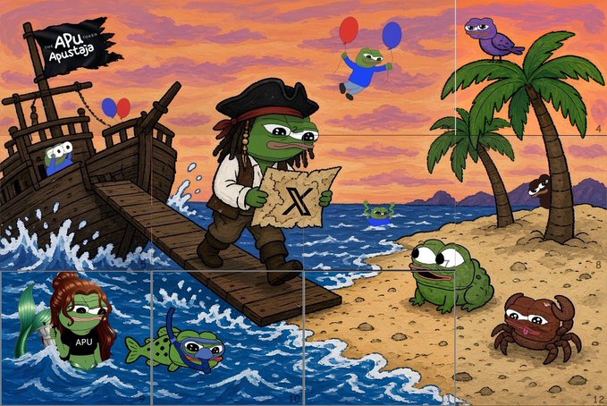 A colorful cartoon illustration labeled 'APU Apustaja' divided into a grid, depicting pirate-themed frog characters on a beach at sunset, including one with a treasure map marked 'X' walking off a pirate ship.