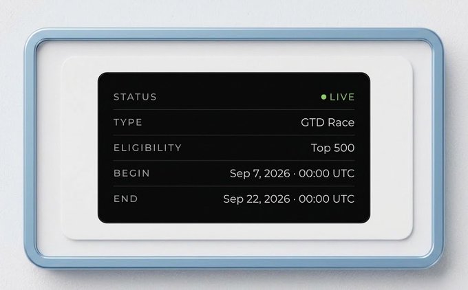 A digital status card displays 'STATUS LIVE', 'TYPE GTD Race', 'ELIGIBILITY Top 500', 'BEGIN Sep 7, 2026 · 00:00 UTC', and 'END Sep 22, 2026 · 00:00 UTC'.