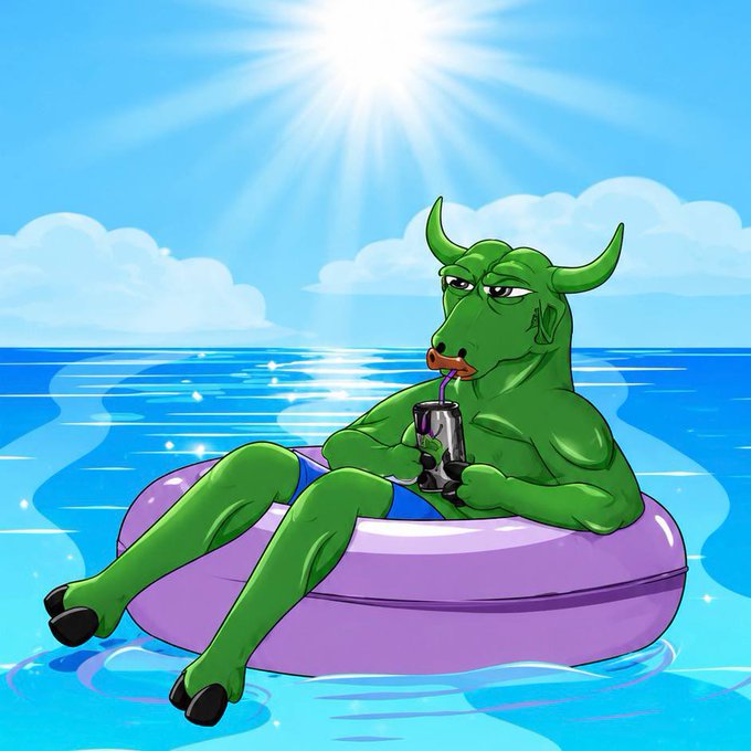 A green bull relaxes on a purple float in sparkling ocean waters, sipping a drink under a bright sun—capturing the "Solana Summer" vibe of bullish confidence and laid-back beach vibes.