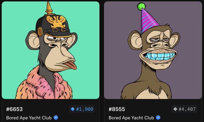Two Bored Ape Yacht Club NFTs are displayed for sale: #6653 featuring a soldier ape in a pink fur coat priced at 1.900 ETH, and #8555 showing an ape with a party hat and grillz for 4.407 ETH, presented as a call to action to join the "Ape" community.