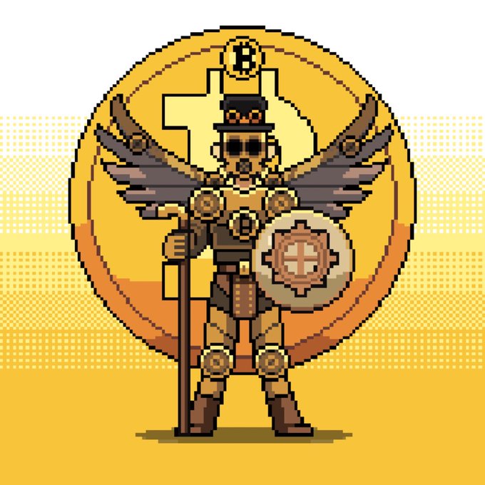 A pixel art illustration of a winged warrior figure wearing sunglasses and a top hat, holding a staff and shield, set against a yellow circular sun background.