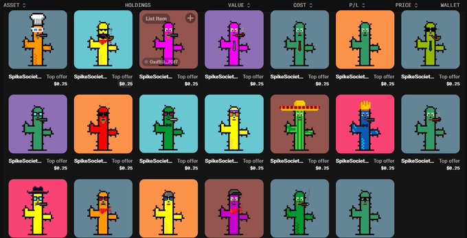 NFT marketplace interface displaying a grid of pixel-art cactus characters for sale, all priced at $9.25 from 'SpikeSociety_', with one pink cactus being listed by 'OveRLORD'.