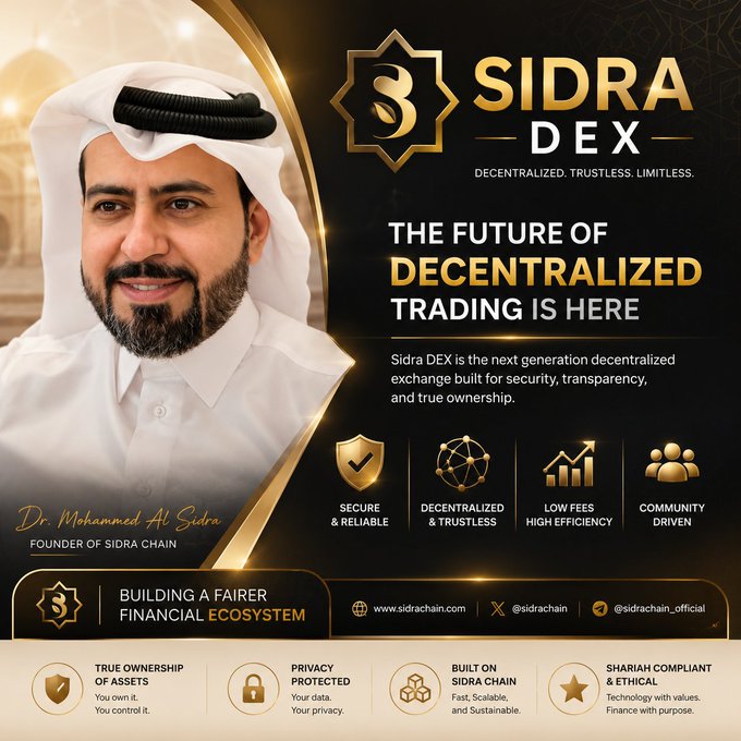 Promotional graphic for Sidra DEX featuring founder Dr. Mohammed Al Sidra, highlighting the platform's tagline "The Future of Decentralized Trading Is Here" with key features like Secure & Reliable, Decentralized & Trustless, Low Fees, and Community Driven, alongside branding such as "Sidra Chain" and "@sidrachain_official" to build anticipation for the DEX's near-launch.