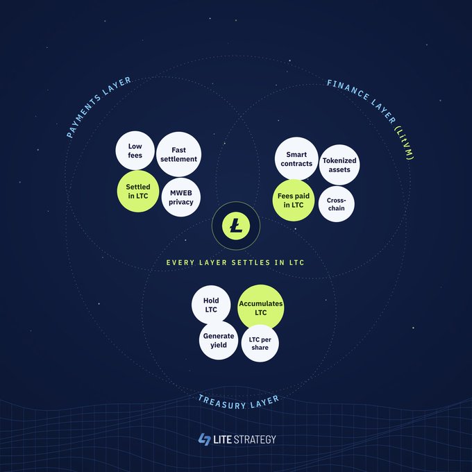 An infographic titled 'LITE STRATEGY' showing three interconnected layers—Payments Layer, Finance Layer (LITVM), and Treasury Layer—centered around an 'L' logo with the tagline 'EVERY LAYER SETTLES IN LTC', highlighting features like low fees, fast settlement, smart contracts, and accumulating LTC.