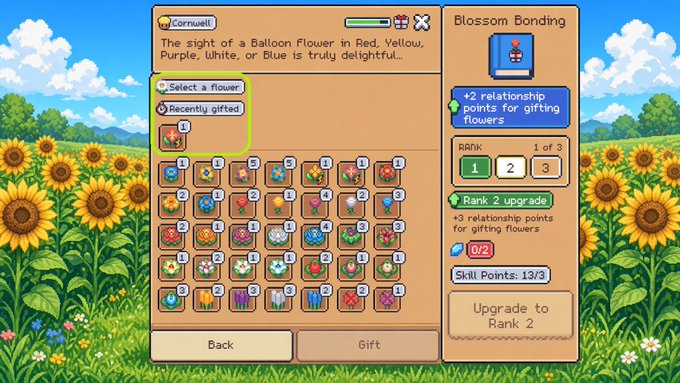 A video game screenshot from what appears to be a farming/life simulation game (likely Coral Island or similar), showing a 'Blossom Bonding' skill interface with Cornwell as the NPC. The menu displays a grid of flowers with different colors and rarities, with rank upgrade options visible on the right side.