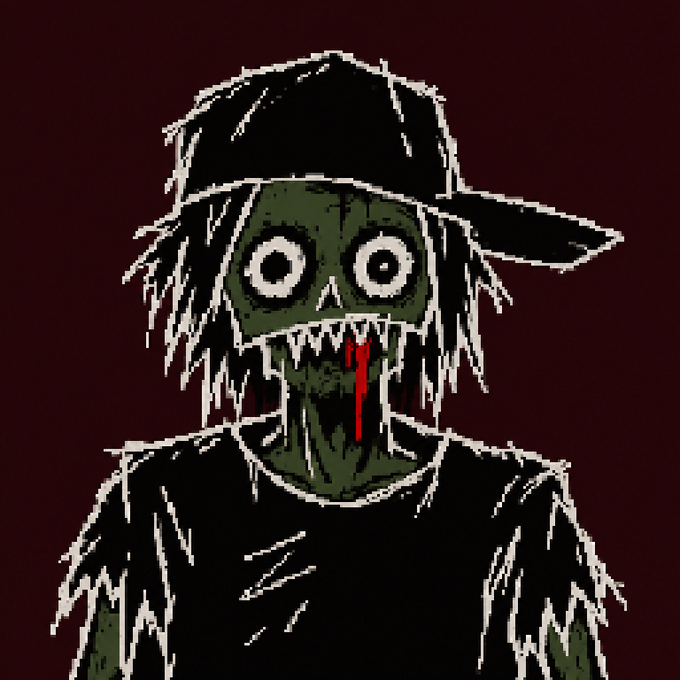 A pixel art illustration of a green-skinned zombie-like character wearing a black cap and t-shirt, with wide white eyes and blood dripping from its sharp-toothed mouth.