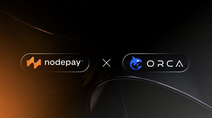 A sleek, dark promotional graphic features the nodepay and ORCA logos side-by-side with an "×" between them, symbolizing their partnership. The visual reinforces the announcement that Orca's AI agent platform is integrating Nodepay's prediction market infrastructure for autonomous trading using live probability data.