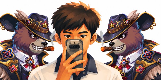 An anime-style illustration of a young man taking a selfie with a smartphone, flanked by two anthropomorphic hyenas wearing elaborate, decorated hats and smoking cigars.