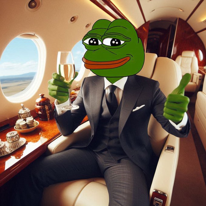 An AI-generated image of Pepe the Frog in a black suit sitting in a private jet, holding champagne and giving a thumbs-up.