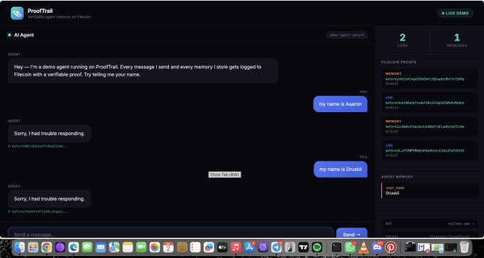 A ProofTrail AI Agent demo interface showing a chat between an agent and user 'Asalan,' with logs, memory, and filecoin proofs displayed on the right panel.