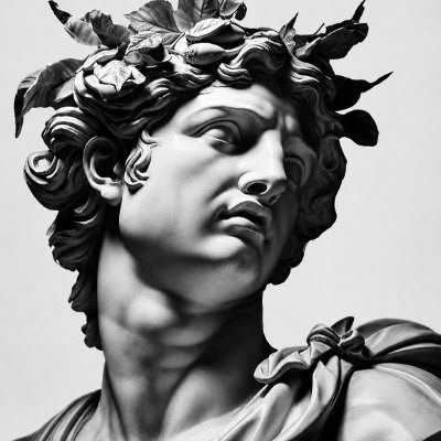 A close-up black and white photograph features a classical stone statue of a man adorned with a laurel wreath.