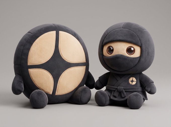 Two cute, plush toy figures are displayed: a round ninja shuriken character and a small ninja with big brown eyes, both wearing matching black outfits.