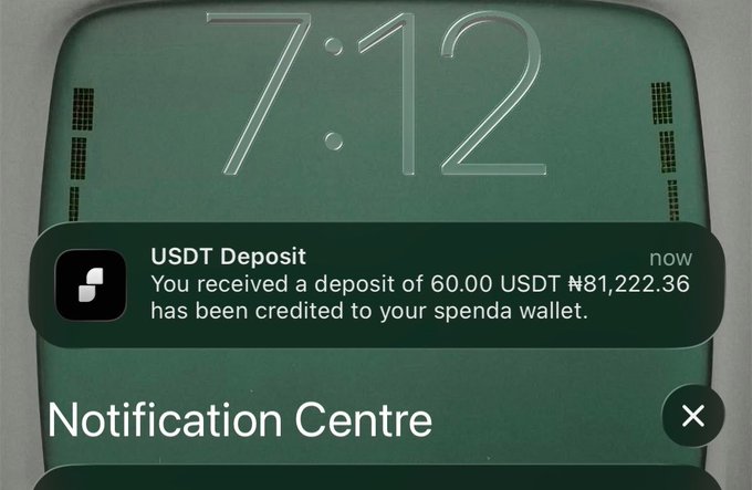 A smartphone lock screen displays the time 7:12 with a notification from a Spenda app stating "USDT Deposit: You received a deposite of 60.00 USDT ₦81,222.36 has been credited to your spenda wallet." The image illustrates the post's message about swapping crypto to naira via Spenda, showcasing a real example of a USDT deposit being converted into ₦81,222.36 naira in the user's wallet.