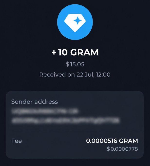 This image displays a "+10 GRAM" transaction, valued at $15.05, received on July 22nd. It visually represents the "10 GRAM" prize being offered in the accompanying post to a lucky follower.