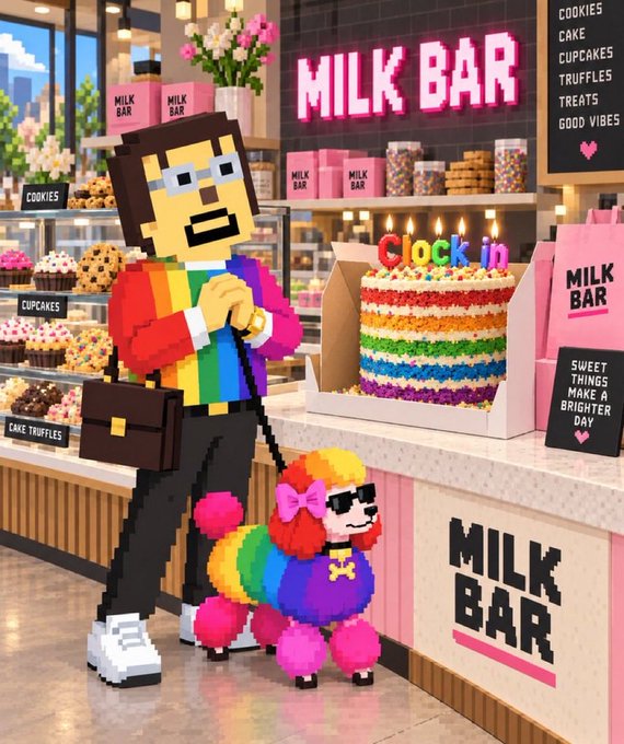 A pixel-art character in a rainbow suit with a mustache and glasses stands inside a "MILK BAR" bakery holding a briefcase and the leash of a colorful poodle, beside a "Clock in" rainbow-layered cake.

The image connects to the post by satirically depicting "Clocking in" for an internship—visually showing a would-be candidate (with rainbow style and rainbow pet) literally checking in at the Milk Bar, framing the playful "who is worthy to intern" selection.