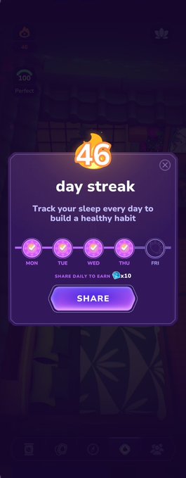 A mobile app screen displays a '46 day streak' achievement for tracking sleep, showing checkmarks for Mon-Thu with a 'SHARE' button.