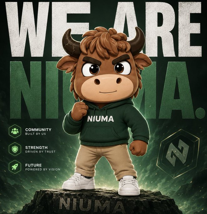 The image features a cartoon bull character, wearing a green hoodie with the word "NIUMA" written across its chest. The bull appears to be standing on top of a rock or cliff, giving off an impression of strength and determination. The background is dark green, which contrasts with the bright colors of the character's outfit. The image also includes text that reads "we are niuma", emphasizing the connection between the character and the post.