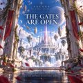 A movie poster showing a grand stage with red curtains opening to reveal a castle, with the title 'THE GATES ARE OPEN' displayed prominently.