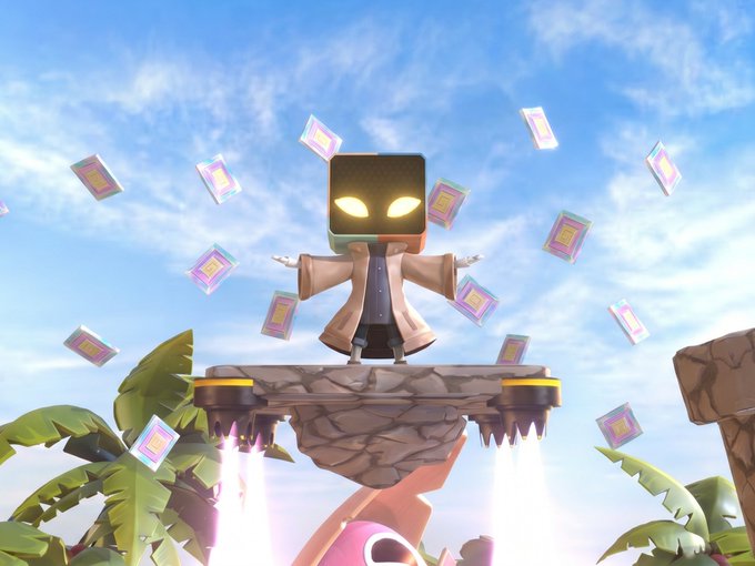 A block-headed character with glowing yellow eyes stands triumphantly on a floating platform, arms outstretched as colorful prizes spin around them against a bright sky—capturing the exciting, game-show atmosphere of "Prize World Party" Episode 1.