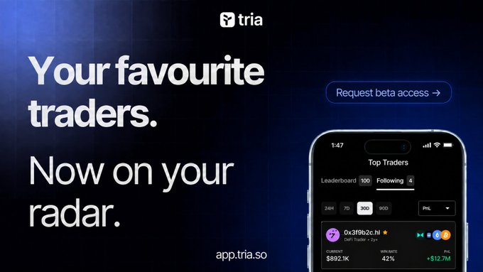 An advertisement for the app 'tria' featuring the text 'Your favourite traders. Now on your radar.' with a mobile phone showing a Top Traders leaderboard.