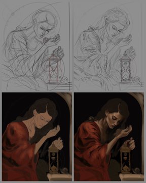 A four-panel art progression showing sketch iterations of a figure holding an hourglass, transitioning into a finished painting of a woman in red with the hourglass.
