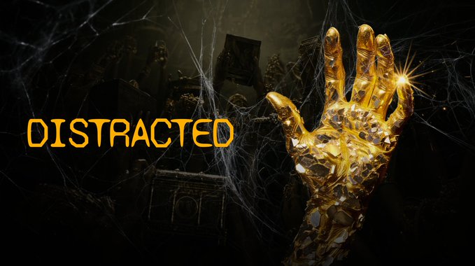 A dark, web-covered fantasy scene features a shattered golden hand clutching a glowing gem, with the text "DISTRACTED" prominently displayed, promoting a promotional event within the Mercle app where users can place a bet to claim $LUCK tokens and potentially win $ANSEM tokens.
