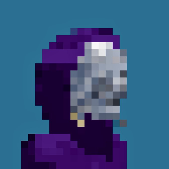 A low-resolution pixel art portrait of a hooded figure with a gray, mask-like face on a teal background.