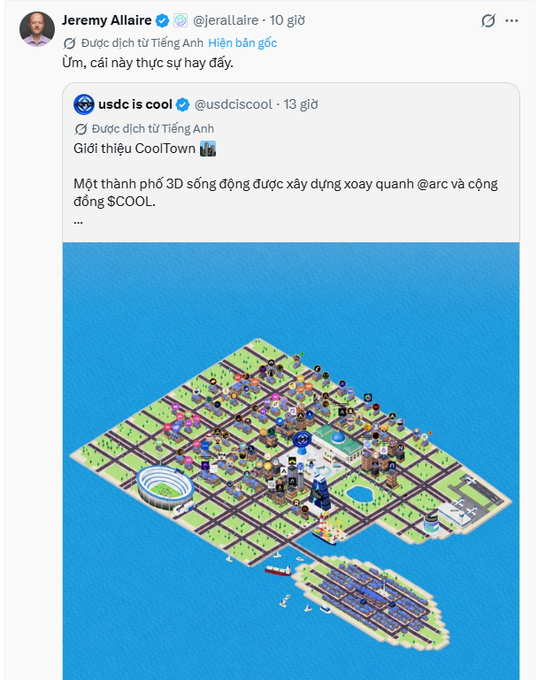 A Twitter post by Jeremy Allaire (@jerallaire) praising 'usdc is cool' (@usdciscool) for introducing CoolTown, a 3D living virtual city built around the $COOL community token.