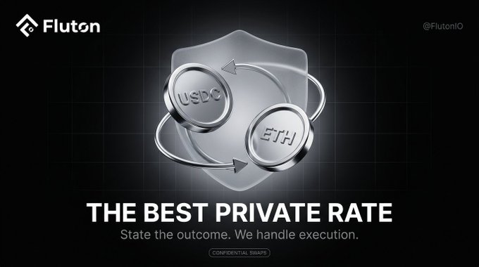 A sleek advertisement for Fluton (@FlutonIO) showcasing a silver shield with 'USDC' and 'ETH' tokens, promoting 'THE BEST PRIVATE RATE' for 'CONFIDENTIAL SWAPS'.