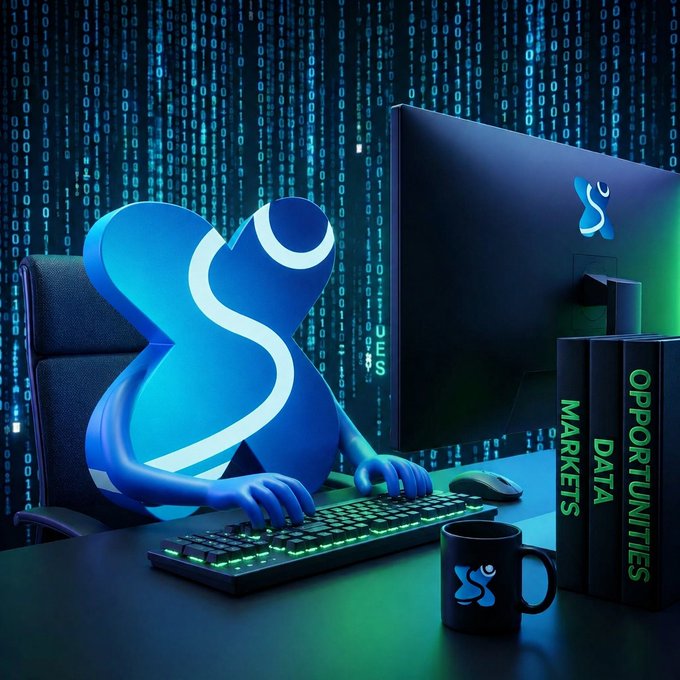 A stylized blue mascot character with a swooping design sits at a glowing keyboard in a dark, matrix-style digital environment. Next to the monitor are binders labeled 'DATA MARKETS' and 'OPPORTUNITIES', alongside a matching branded mug.