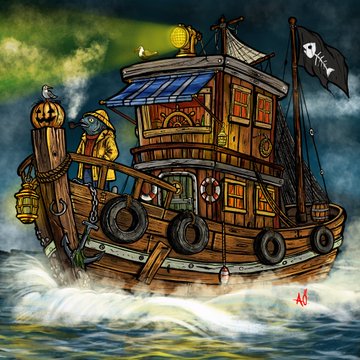 An illustration of a whimsical wooden fishing boat featuring a jack-o'-lantern decoration on the bow, black tires as bumpers, and a pirate flag with a fish skeleton flying from the mast, sailing on choppy waters.