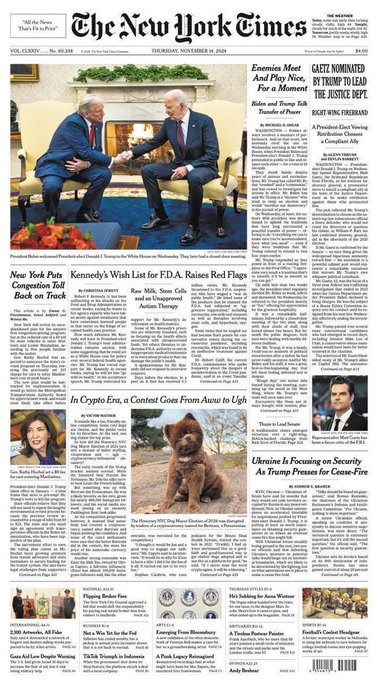 The image shows the front page of The New York Times, Thursday, November 28, 2024 edition, featuring a large photo of Donald Trump with Vladimir Putin at the APEC summit, along with headlines about the Ukraine-Russia conflict, Trump cabinet nominations, and Kennedy's FDA picks. This relates to the post noting that Bert made it to the front page of the New York Times, highlighting the significance of being featured prominently on this historic newspaper's cover.