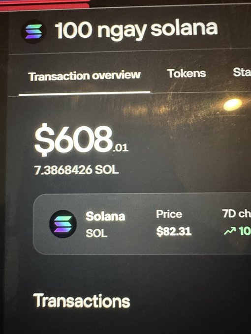 A screenshot of a cryptocurrency wallet showing a wallet named '100 ngay solana' with a balance of $608.01 (7.3868426 SOL) and Solana's current price at $82.31.