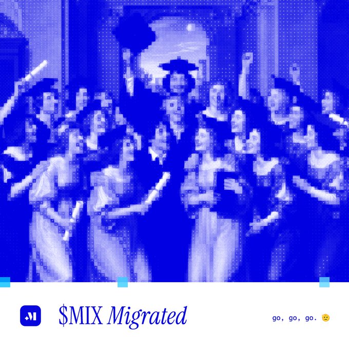 A blue-tinted pixelated digital artwork shows a crowd of people, with text at the bottom reading '$MIX Migrated' and 'go, go, go. 😊'.