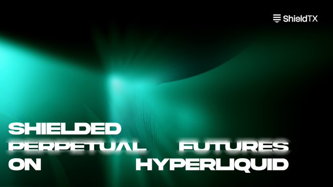 A green promotional graphic for ShieldTX announcing 'SHIELDED PERPETUAL FUTURES ON HYPERLIQUID' with the ShieldTX logo in the top right corner.