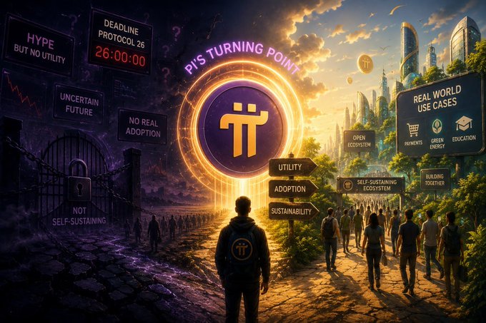 A conceptual illustration titled 'Pi's Turning Point' depicting a contrast between a dystopian 'Deadline Protocol 26' scene and a bright future of real-world Pi Network use cases including payments, green energy, education, and self-sustaining ecosystem adoption.