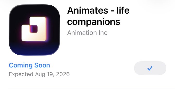 An App Store listing for 'Animates - life companions' by Animation Inc, marked as 'Coming Soon' with an expected release date of August 19, 2026.