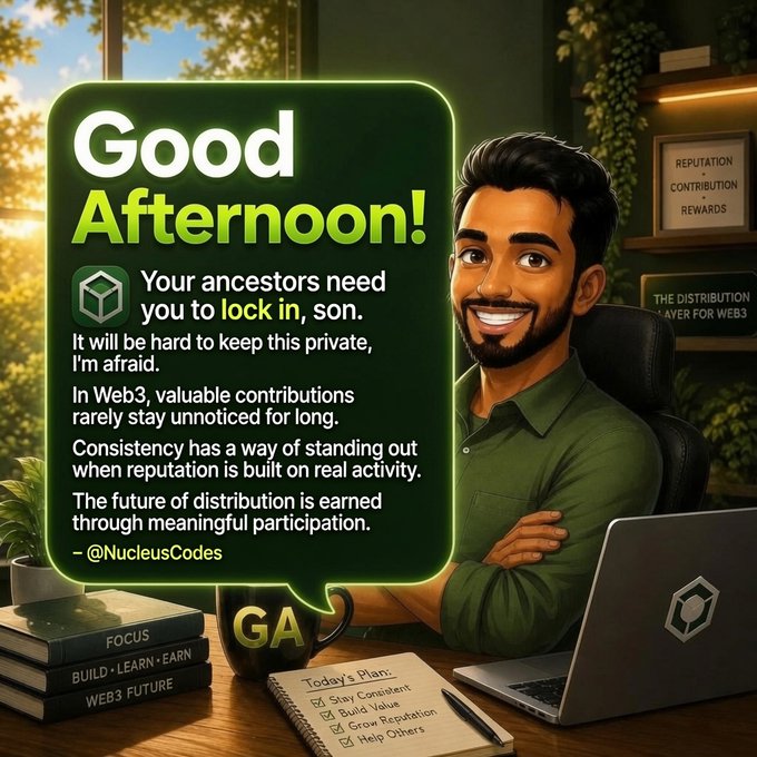 An illustrated graphic featuring a smiling man at a desk with a laptop, alongside a speech bubble reading 'Good Afternoon!' and text stating 'Your ancestors need you to lock in, son.' with the handle @NucleusCodes.