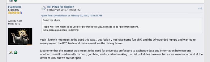 A forum post by user "Fuzzybear Legendary" replies to "ElectricMucus" about using Ripple (XRP) for purchases rather than just mimicking Bitcoin trade, dated February 22, 2013, stating that XRP was made for transactions not to be held.