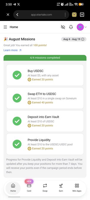 A mobile screenshot of the StarTale app showing completed 'August Missions' including Buy USDC, Swap ETH to USDC, Deposit into Earn Vault, and Provide Liquidity, with 100 points earned.
