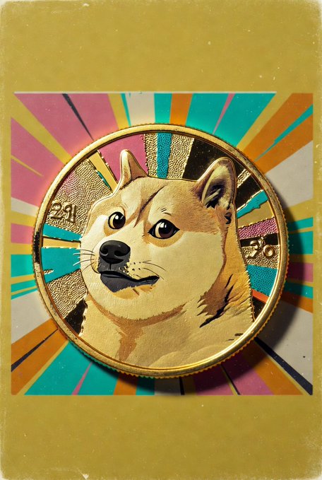 A decorative coin featuring a Shiba Inu dog's face, set against a colorful sunburst background on a yellow card.