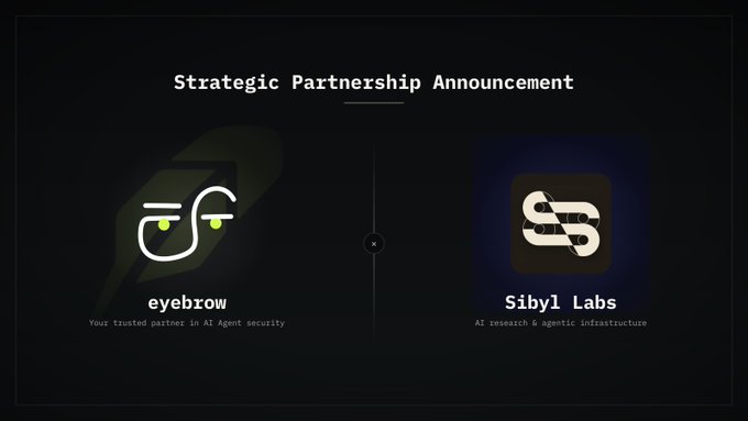 A 'Strategic Partnership Announcement' graphic featuring the 'eyebrow' logo (Your trusted partner in AI Agent security) alongside the 'Sibyl Labs' logo (AI research & agentic infrastructure).