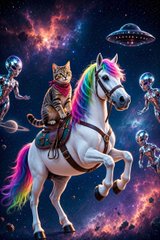 A whimsical digital illustration of a cat riding a white unicorn with a rainbow mane through a colorful space scene with aliens and a UFO.