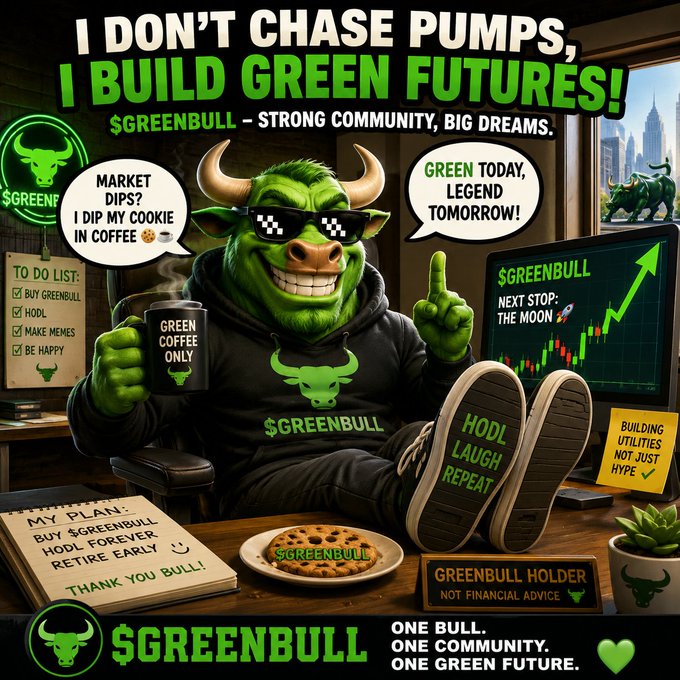 A meme coin promotional graphic for '$GREENBULL' featuring an anthropomorphic green bull with sunglasses holding a 'GREEN COFFEE ONLY' mug, with the slogan 'I DON'T CHASE PUMPS, I BUILD GREEN FUTURES!' and a disclaimer that it is 'NOT FINANCIAL ADVICE'.