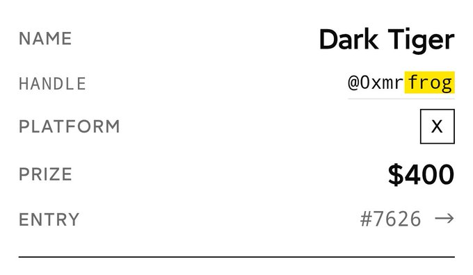 The image shows a competition entry card for "Dark Tiger" (@0xmr_frog) on platform X (Twitter), who won $400 with entry #7626. The accompanying post promotes a giveaway/telegram competition (mztacat.xyz/telegram200k), using this winner card as proof to encourage followers to check if their friends—including "BigFrog"—have unclaimed prizes from similar competitions.