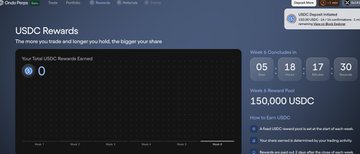 Screenshot of a 'USDC Rewards' dashboard showing 'Your Total USDC Rewards Earned' as 0, with a countdown of 05:18:17:30 and a 'Total Reward Pool' of 150,000 USDC.