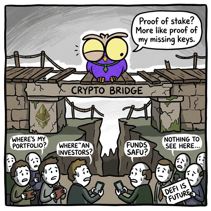 The image depicts a cartoon scene where people are gathered around a bridge, which has been vandalized by graffiti. One of the characters in the cartoon is an owl wearing a tie, sitting atop the bridge with a speech bubble above its head that reads "Proof of stake? More like proof of stake! More like proof of stake!" The cartoon also includes text about Bitcoin and private keys, suggesting that there might be a connection to cryptocurrency or digital currency.