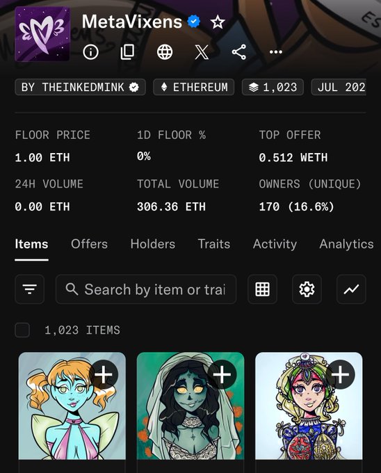Screenshot of the 'MetaVixens' NFT collection page on Ethereum by theinkedmink, showing a floor price of 1.00 ETH, 1,023 items, 170 unique owners, and preview thumbnails of three character artworks.